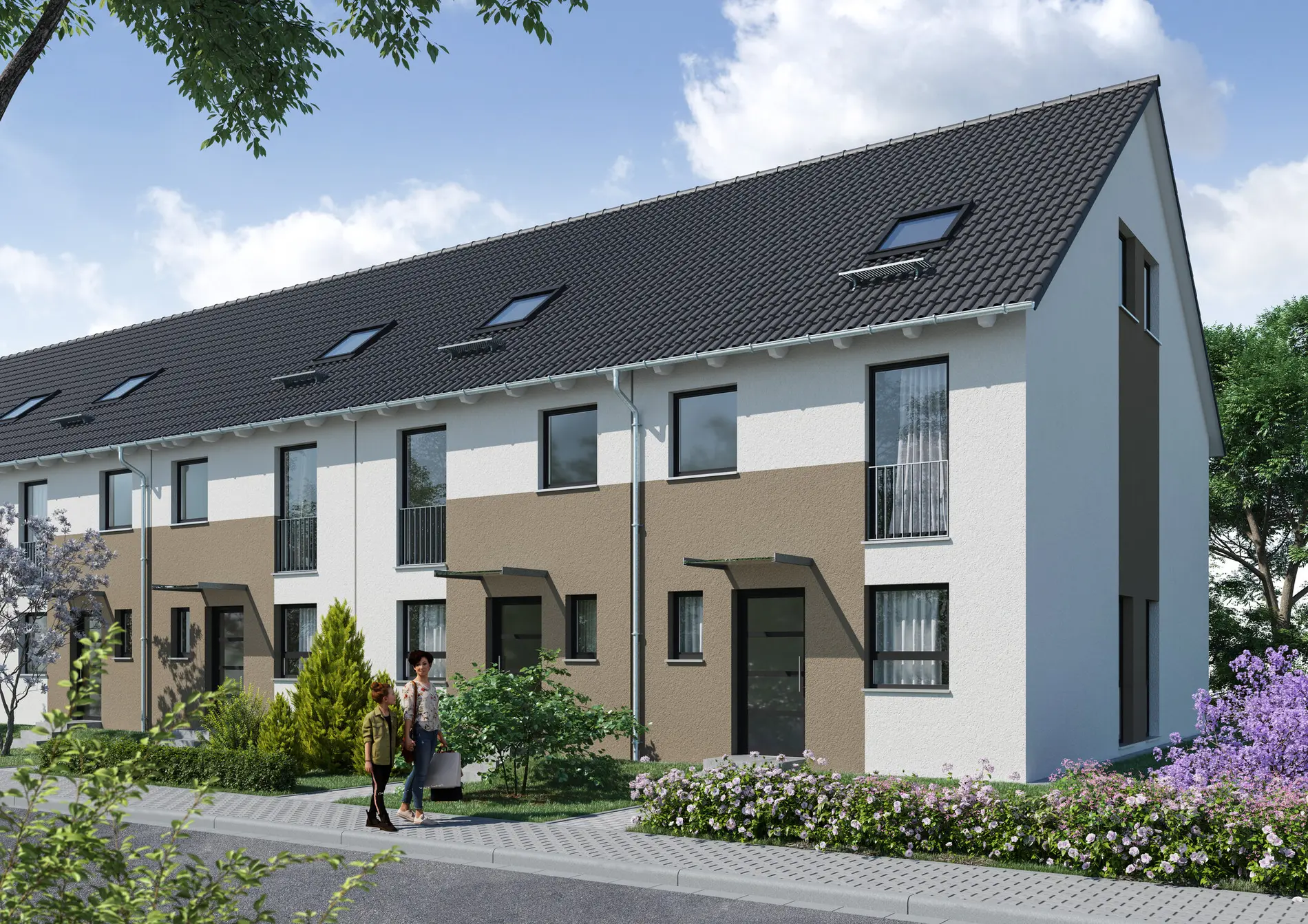 weisenburger-Reihenhaus vom Typ Swing 550 Visualisierung Reihenhaus vom Typ Swing 550 visualisiert mit Satteldach und Vorgarten