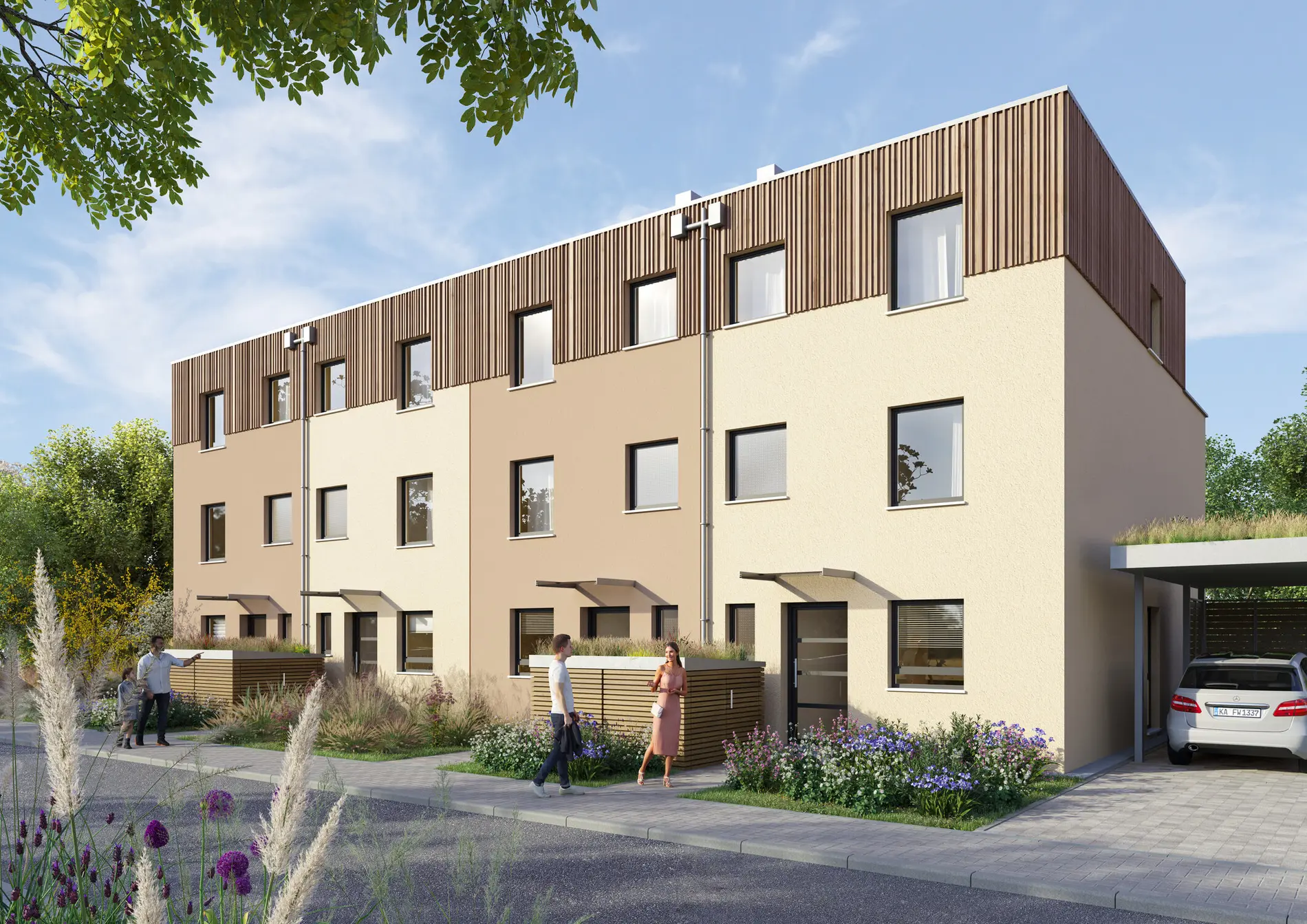 weisenburger-Reihenhaus Boogie Visualisierung Reihenhaus vom Typ Boogie visualisiert mit Flachdach und Vorgarten