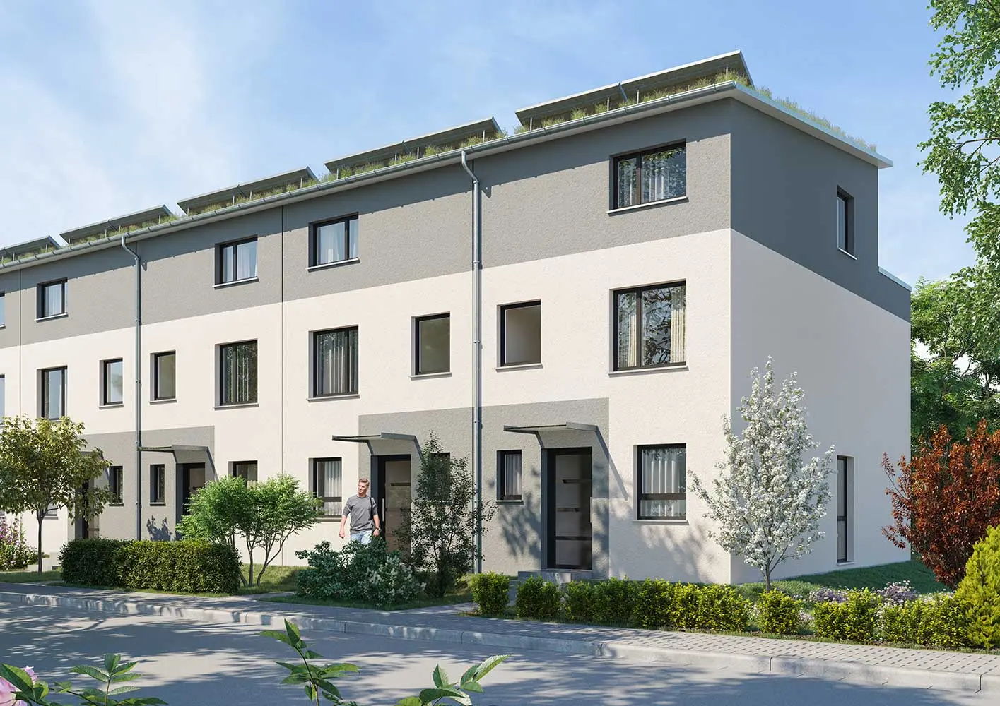 weisenburger-Reihenhaus Typ NOVA 520 Visualisierung Reihenhaus vom Typ NOVA 520 visualisiert mit Vorgarten und Flachdach