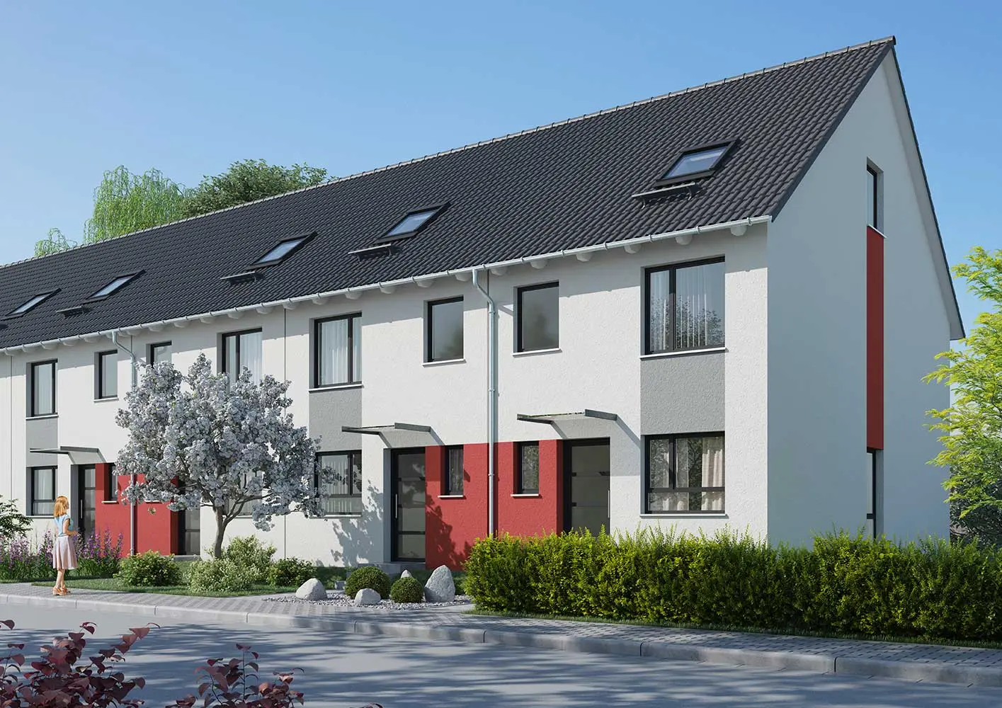 weisenburger-Reihenhaus Typ JIVE 520 Visualisierung Reihenhaus vom Typ JIVE 520 mit Vorgarten und Satteldach