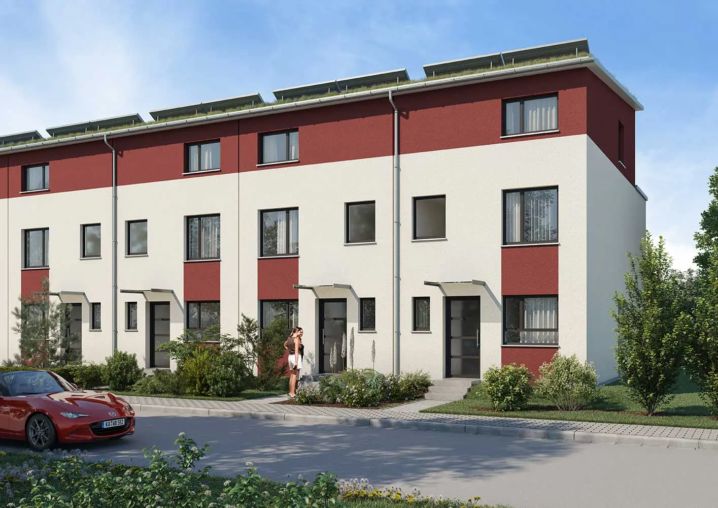 weisenburger-Reihenhaus Typ NOVASTAR 520 Visualisierung Reihenhaus vom Typ NOVASTAR 520 visualisiert mit Vorgarten und Pultdach