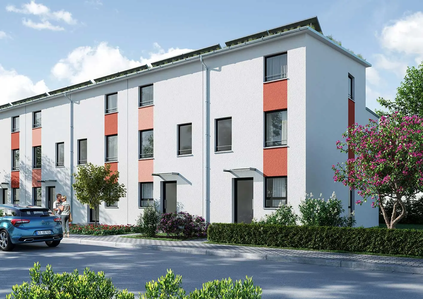 weisenburger-Reihenhaus Typ MYNOVA 500 Visualisierung Reihenhaus vom Typ MYNOVA 500 visualisiert mit Pultdach und Vorgarten