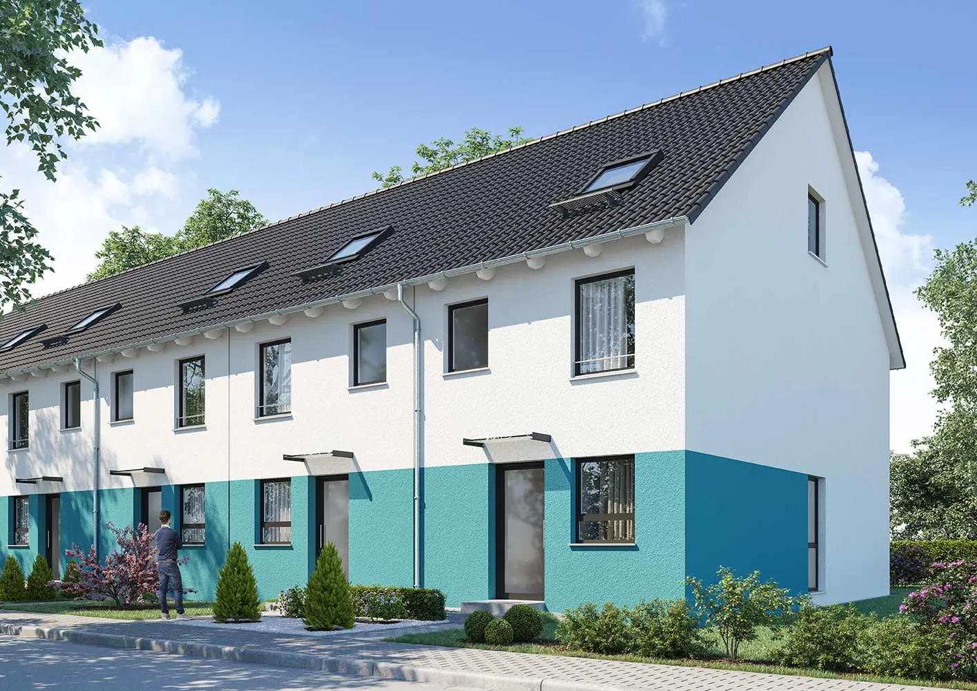 weisenburger-Reihenhaus Typ MYJIVE 500 Visualisierung Reihenhaus vom Typ MYJIVE 500 visualisiert mit Satteldach und Vorgarten