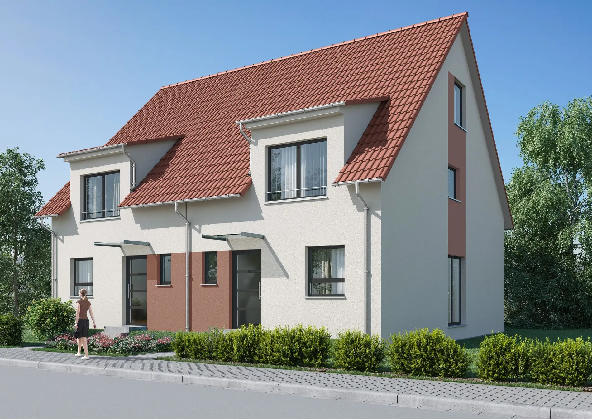 weisenburger-Reihenhaus Typ RUMBA Visualisierung Reihenhaus vom Typ RUMBA visualisiert mit Satteldach und Vorgarten