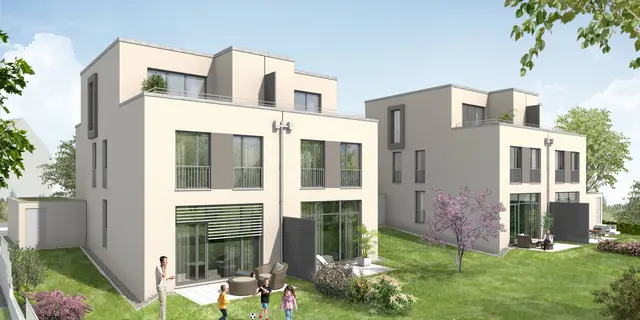 Visualisierung-weisenburger-Doppelhaushaelfte Visualisierung einer Doppelhaushaelfte Gartenansicht