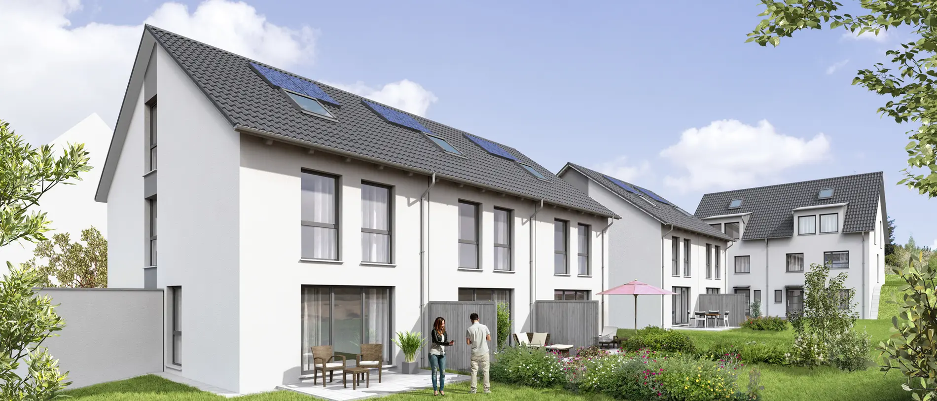 Visualisierung-Reihenhausprojekt-weisenburger Gartenansicht eines Reihenhauses an einem sonnigen Tag mit zwei Personen im Garten