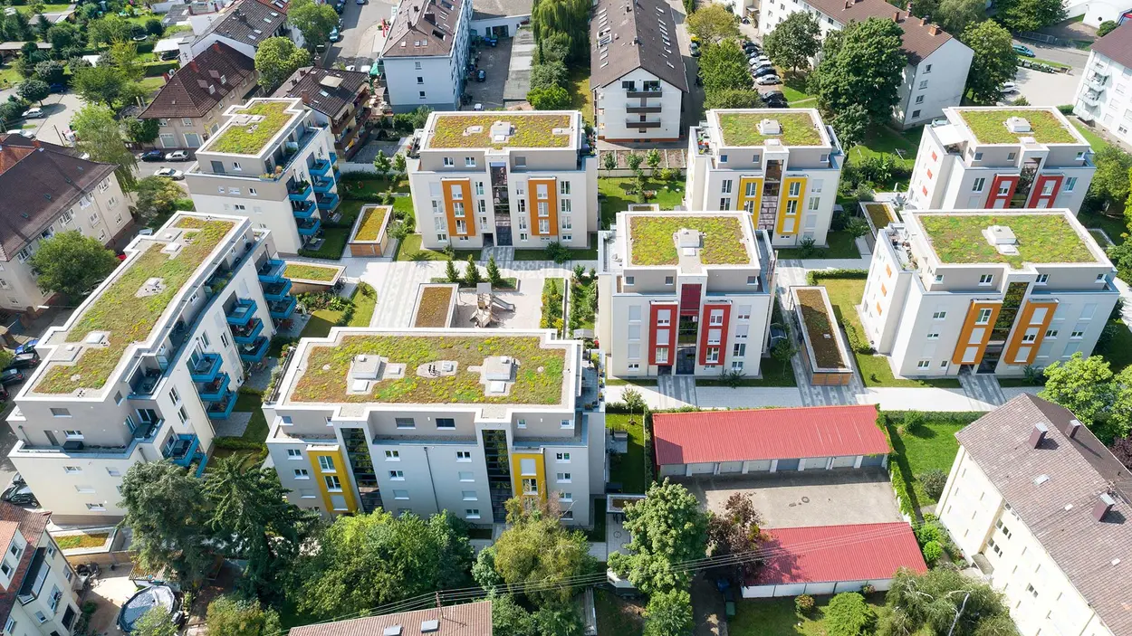Apartment buildings Durlach Drone image of colorful apartment buildings in Durlach
