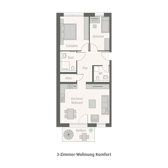 Grundrissmodell drei Zimmer Wohnung weisenburger tetris Grundrissmodell einer drei Zimmerwohnung mit großem Wohnbereich, zwei Schlafzimmer und Balkon