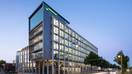 south facade of the weisenburger headquarter in the dusk