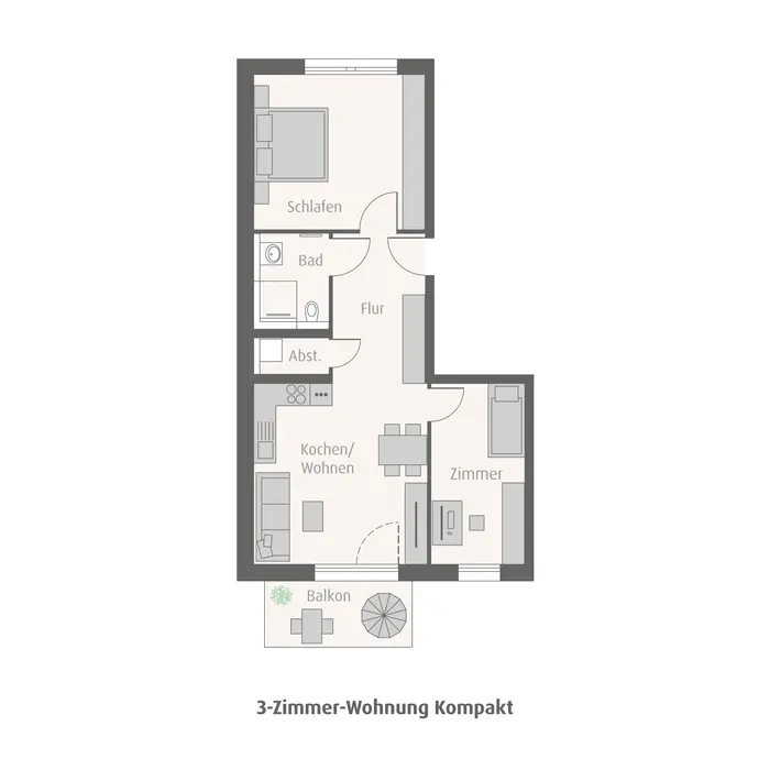 Grundrissmodell drei Zimmer Wohnung weisenburger tetris Grundrissmodell einer drei Zimmerwohnung mit Küche, Badezimmer, zwei Schlafzimmer und einem Balkon
