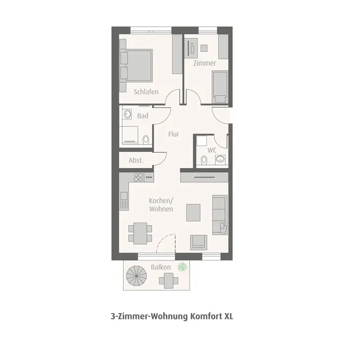 3-Zimmer-Wohnung Komfort XL Grundriss Grundrissmodell einer drei Zimmerwohnung mit Kueche, zwei Badezimmer, zwei Schlafzimmer und Balkon von weisenburger tetris
