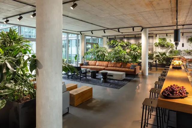 Gemütlicher Sitzbereich in der Cafeteria der weisenburger Zentrale © HGEsch gemütlicher Sitzbereich in der Cafeteria der weisenburger Zentrale mit Ledercouch, vielen Pflanzen und warmweißen Licht