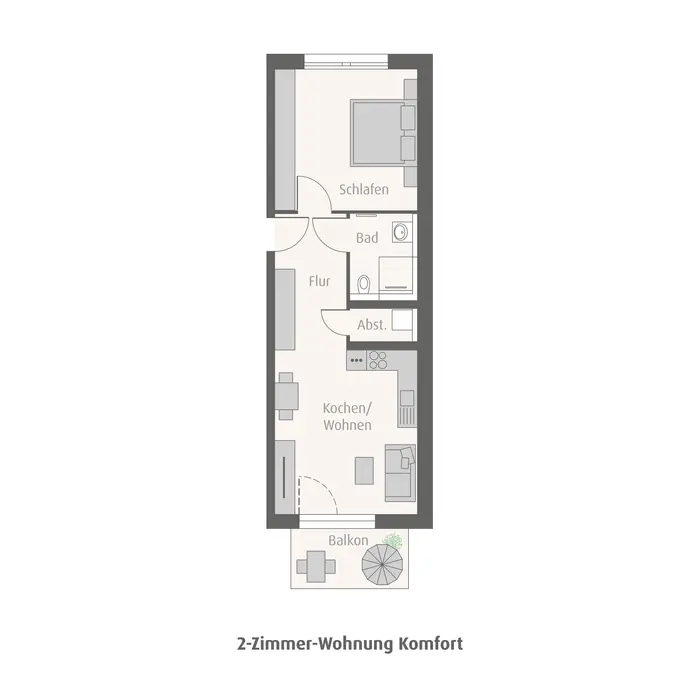 Grundrissmodell zwei Zimmer Wohnung weisenburger tetris Grundrissmodell einer zwei Zimmerwohnung mit Kueche, Badezimmer, Schlafzimmer und Balkon