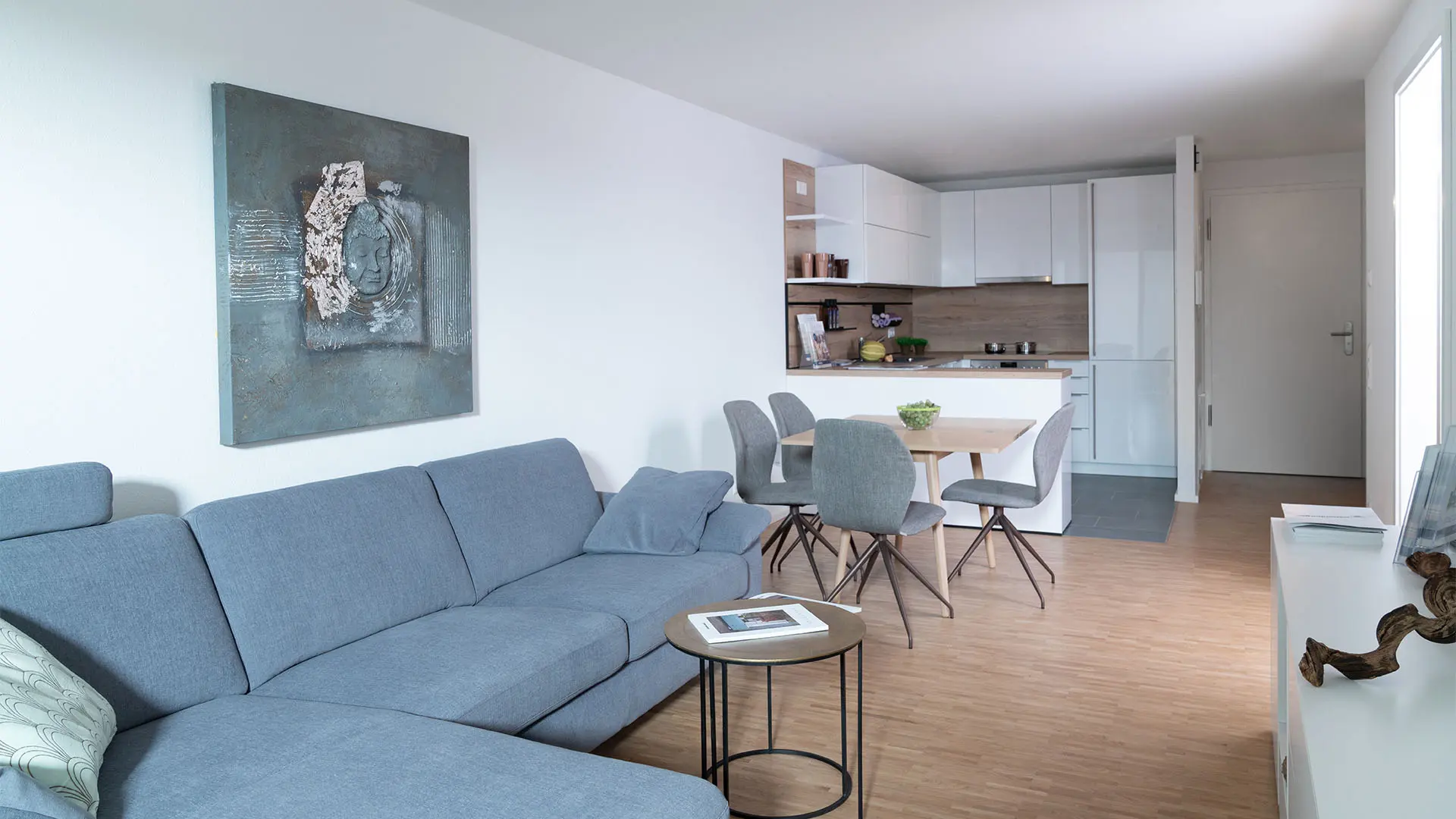 Model_apartment_Banner Equipped kitchen with living and dining area