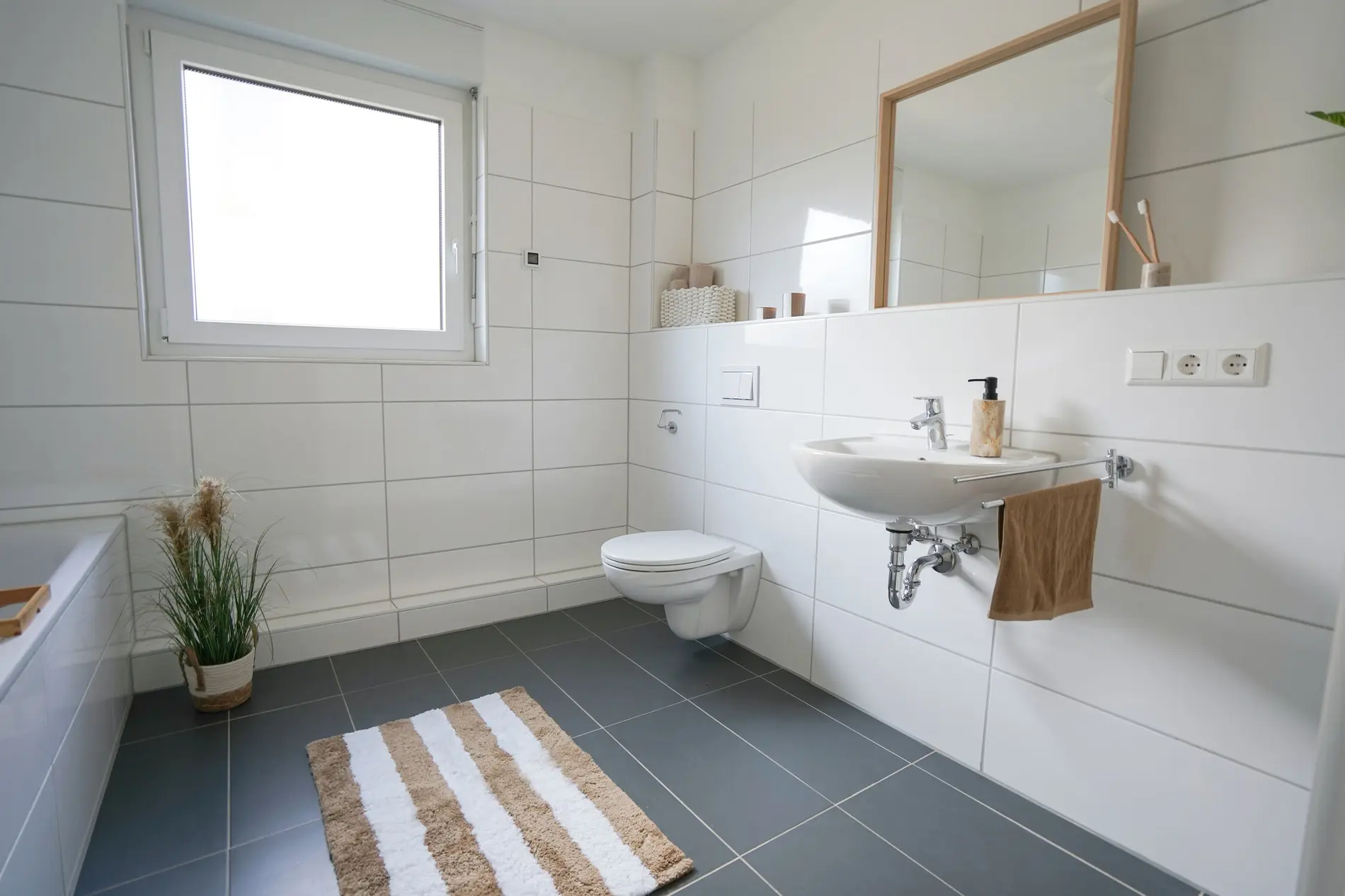 Badezimmer-weisenburger-Musterhaus Badezimmer mit Toilette, Waschbecken und Badewanne