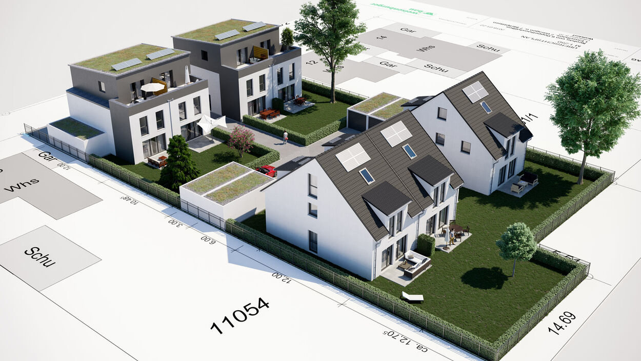 Reihenhäuser mit Flachdach und Satteldach visualisiert