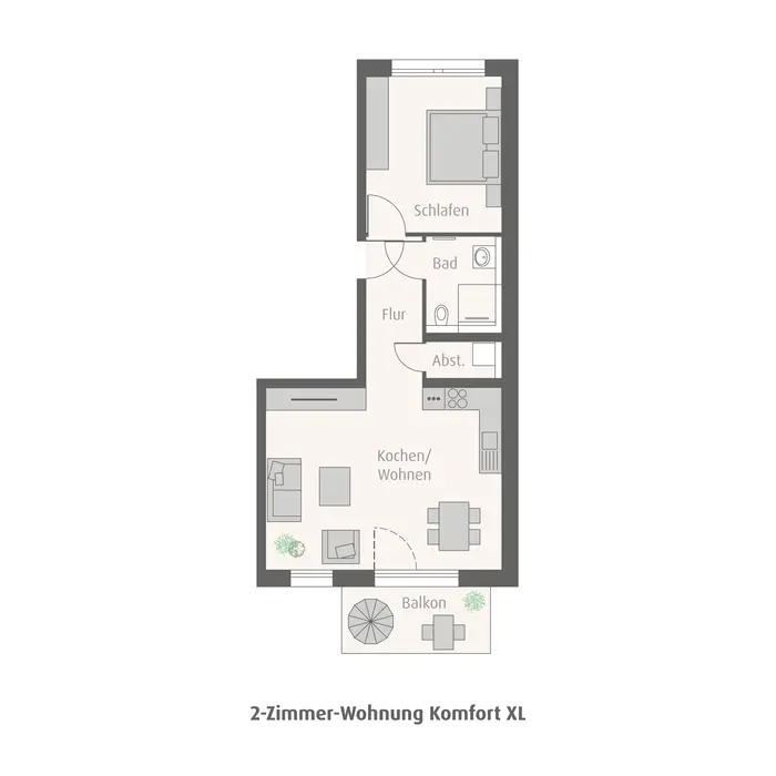 2-Zimmer-Wohnung Komfort XL Grundriss Grundrissmodell einer zwei Zimmerwohnung mit großem Wohnbereich, Essbereich und Balkon von weisenburger tetris
