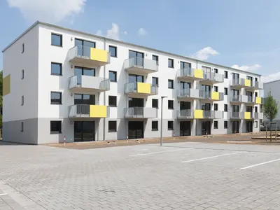 weisenburger Mehrfamilienhaus in Ludwigshafen mit gelben Balkönen weisenburger Mehrfamilienhaus mit vier Geschossen, Unterkeller und Stellplätzen