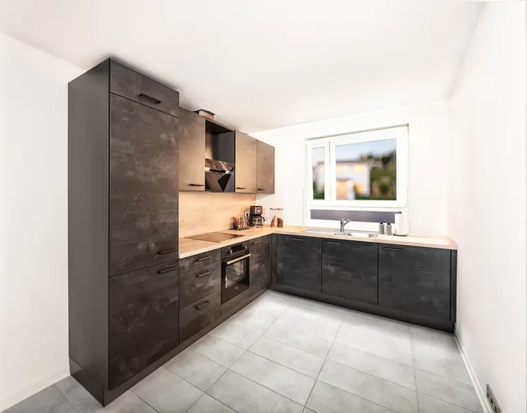 Modern black corner kitchen Visualization of a black fitted corner kitchen with oven and hob