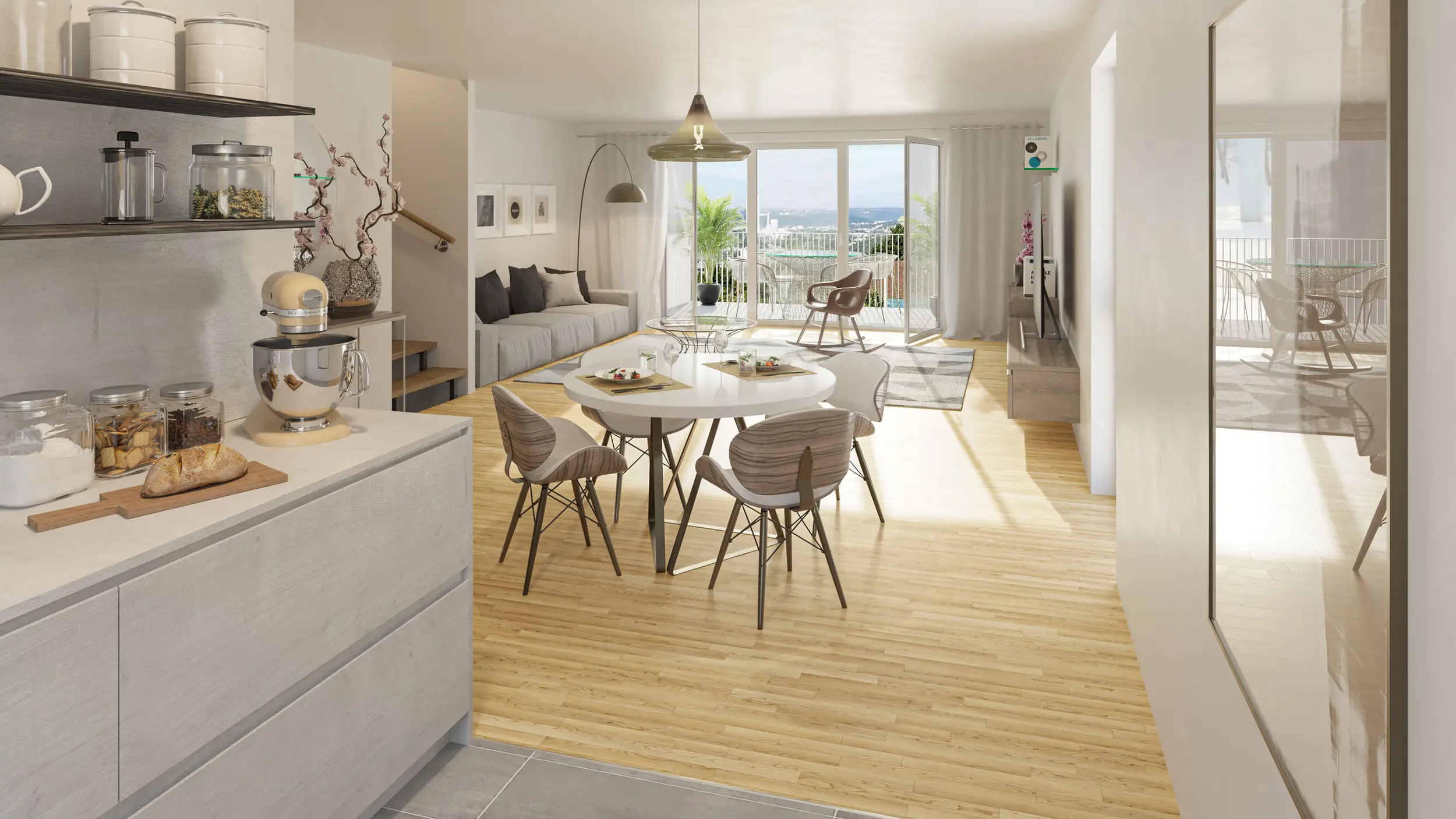 Innenaustattung und Visualisierung einer Wohnung von weisenburger Helles, modernes Wohnzimmer mit Essbereich,Küche und Balkon von weisenburger