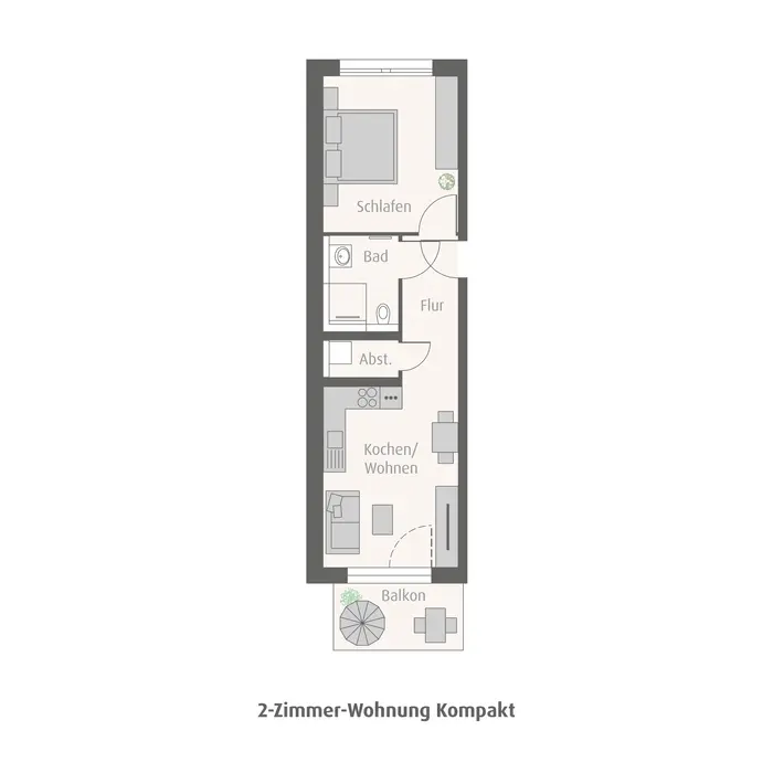 2-Zimmer-Wohnung Kompakt Grundriss Grundrissmodell einer zwei Zimmerwohnung mit offener Kueche und Balkon von weisenburger tetris
