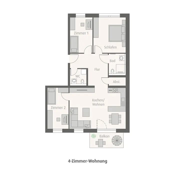 4-Zimmer-Wohnung Grundriss Grundrissmodell einer vier Zimmerwohnung mit drei Schlafzimmer, offener Kueche und zwei Badezimmer von weisenburger tetris